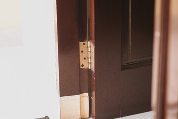 close up Wooden door with hinge