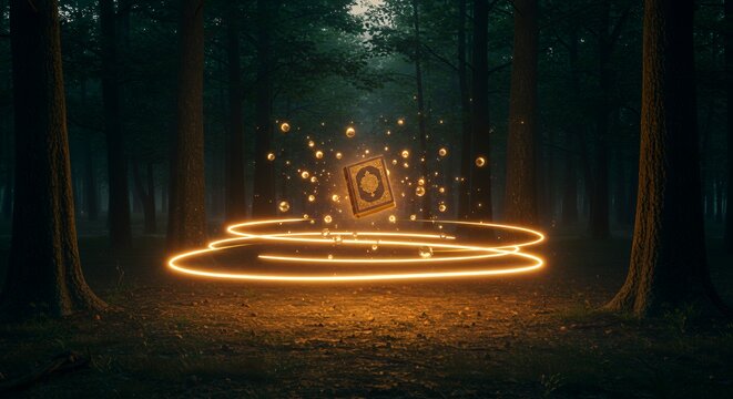 Floating Book in Forest with Glowing Orbs and Light Circle - Powered by Adobe