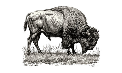 Bison Grazing, Vintage Wildlife Line Art, Hand-etched Engraving, Monochrome Animal Sketch, Rustic Nature Decor, Black Sketch Print, Vintage American Wildlife © Vintage studio