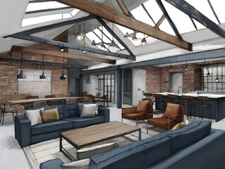 Industrial-Chic Denim Blue Loft Conversion Featuring Modern Open-Plan Interior with Rustic Accents and Natural Light