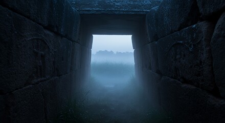 Stone tunnel with fog view