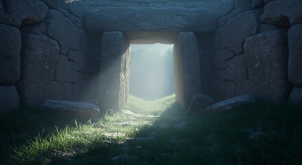 Stone archway with light and grass