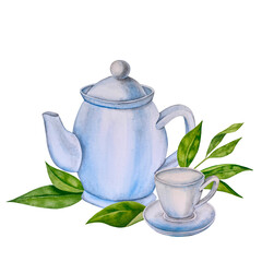 Green fresh tea leaves, cup of tea and brewing kettle, tea time set with flowers and berries of rose hip. International tea day illustration. Watercolor hand drawn isolated elements.