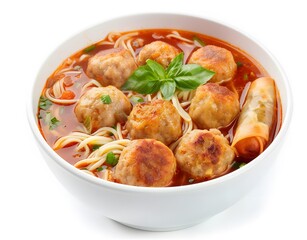 Vietnamese Meatball Noodle Soup (Canh B&uacute;n) Bowl with Spring Roll, Basil and Tomato Broth