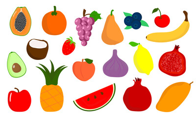 Vibrant and hand-painted fruits and berries. A contemporary and minimalist aesthetic. Realistic tropical fruits.
