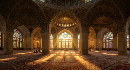 Mosque interior with stained glass and people praying