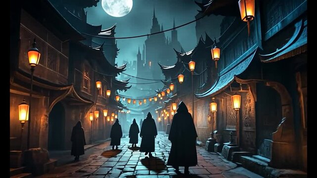Nightfall in the Mystic City: hooded figures walk a moonlit street, lanterns illuminate the ancient architecture, a castle looms in the distance.
