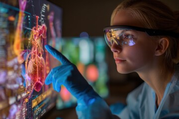 Female Doctor Analyzing Medical Data on Screen With Augmented Reality Glasses, Depicting Innovation and Digital Healthcare Solutions : Generative AI