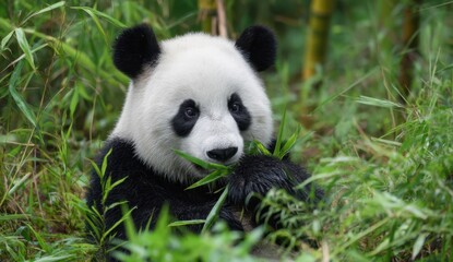 Panda eating bamboo in natural habitat
