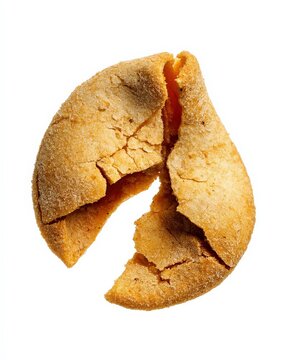 A cracked, golden-brown cookie, isolated on a white background.  The texture is rustic and slightly crumbly.
