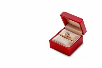 Golden diamond engagement ring resting in open red box, isolated on white background, perfect for wedding and engagement concepts
