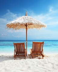 Two beach chairs under a tiki umbrella on white sand beach with turquoise ocean and blue sky in tropical paradise