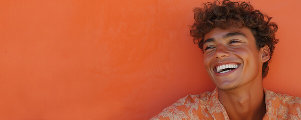 Joyful Young Man with Curly Hair, Sun-Kissed Skin, and Radiant Smile Against Vibrant Orange Background