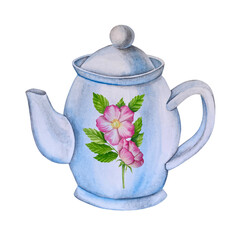 Green fresh tea leaves, cup of tea and brewing kettle, tea time set with flowers and berries of rose hip. International tea day illustration. Watercolor hand drawn isolated elements.