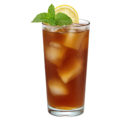 Refreshing Iced Tea with Mint Leaves and Lemon Slice in Tall Glass, isolated on transparent background.