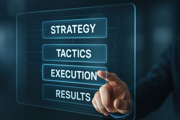A hand interacting with a smart glass panel highlights the key business elements strategy tactics execution and results to support effective decision making and growth