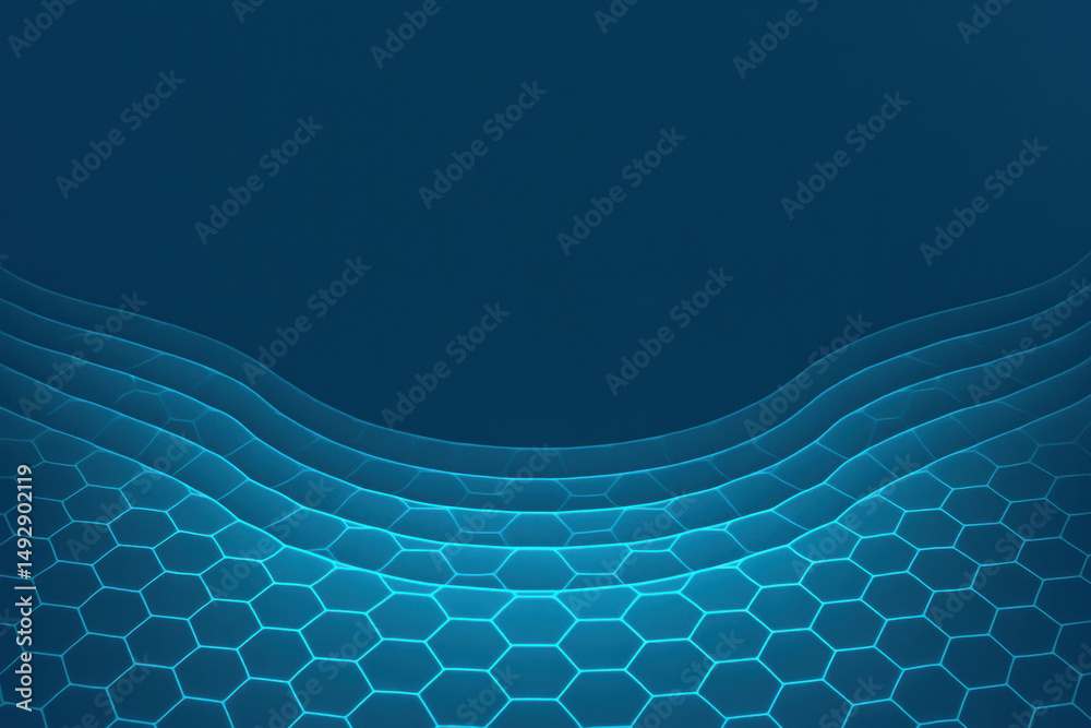 Poster the features a striking pattern curved hexagons glowing in deep cyan creating a captivating visual e