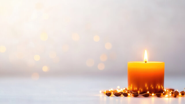 Single lit candle with soft glowing flame on light background, surrounded by small decorative beads or stones, creating warm and peaceful atmosphere, perfect for relaxation or meditation