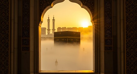 Kaaba in Mecca at Sunrise Seen Through Archway
