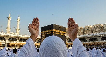Kaaba in Mecca with crowd of people praying