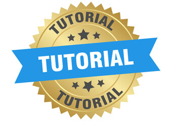 tutorial. tutorial round blue and gold label isolated on transparent background