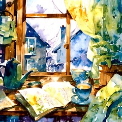 Fototapeta premium Cozy Winter Watercolor Painting Tea Books and Window View