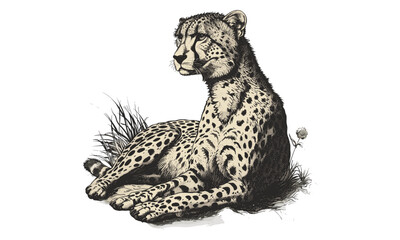 Cheetah Laying Down, Vintage Safari Print, Hand-drawn Old Engraving Style, Black Sketch Effect, Wildlife Drawing, Antique Animal Art, Trendy Safari Wall Decor, Animal Print