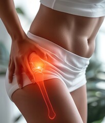 Female athlete wincing from sharp hip pain, anatomical femur overlay revealing musculoskeletal stress and potential injury