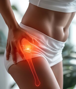 Female athlete wincing from sharp hip pain, anatomical femur overlay revealing musculoskeletal stress and potential injury