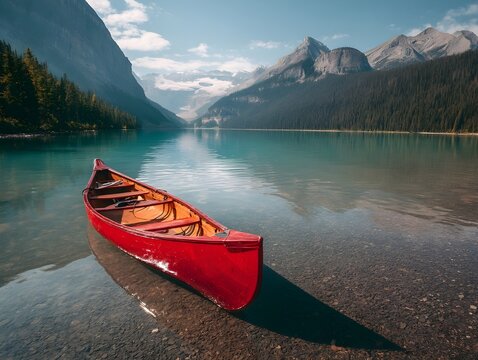 Glossy red canoe floating on azure lake backdrop evokes serene adventure and outdoor exploration vibes