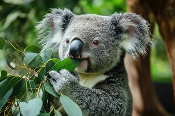 Obraz premium Close up of a koala bear munching on gum tree leaves in Australia, Close up Koala Bear eating gum tree leaves Australia wild nature background