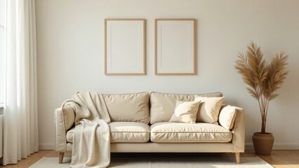 Serene Living Room Interior Design with Neutral Tones and Simple Decor Featuring a Comfortable Sofa, Throw Blanket, and Decorative Pampas Grass