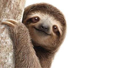 A curious sloth peeking from behind a tree trunk, surrounded by lush greenery in a tropical forest