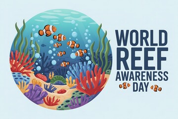 Illustration of world reef awareness day with clownfish and coral reef ecosystem