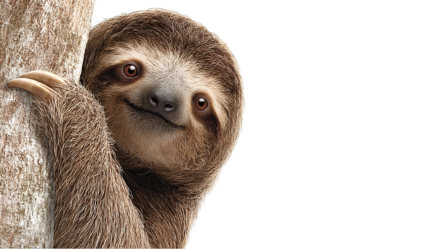 A curious sloth peeking from behind a tree trunk, surrounded by lush greenery in a tropical forest