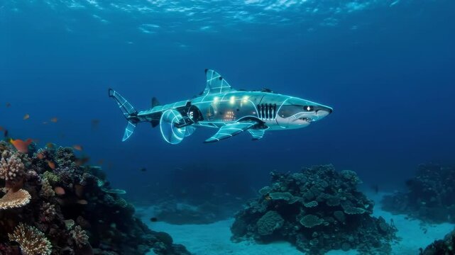 Cyber shark patrolling the ocean depths with glowing red eyes and armored plating