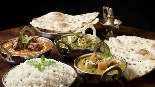 Indian Cuisine Featuring Bowls of Chicken Tikka Masala and Saag Paneer With Naan Bread and Rice on a Dark Wooden Table Against Black Background