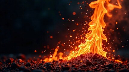Fiery Embers Glowing Brightly Against a Dark Background, Illuminated by Dancing Flames and Sparkling Embers