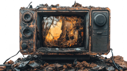 Aftermath of Electronic Device Fire Damage, Burnt Television on PNG transparent background
