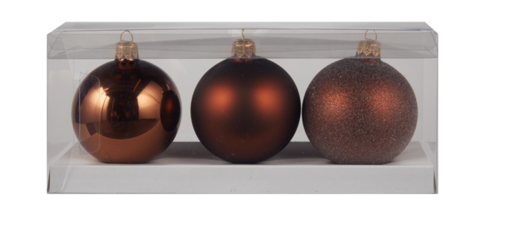 3 Christmas balls in a plastic box cut out isolated transparent background 