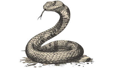 Vintage Cobra Illustration in Hooded Pose, Black Sketch Effect, Antique Wildlife Print, Hand-drawn Engraving Style, Rustic Wall Art, Trendy Reptile Drawing, Snake Art, Classic Vintage