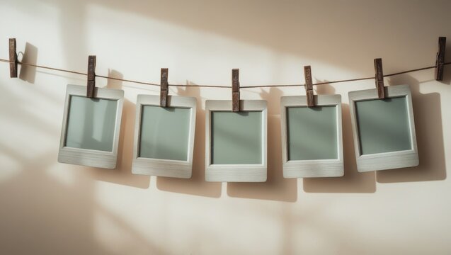 Against the background of a light wall, photo frames hang on a rope on clothespins