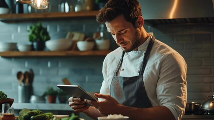 Focused Caucasian male chef using tablet in the kitchen for recipe ideas and culinary inspiration.