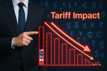A business professional analyzes the strategic tariff impact showing a collapsing financial chart highlighting the decision challenges in global trade and economic efficiency