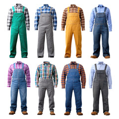 Naklejka premium Variety of Colorful Overalls with Different Patterns for Gardening and Work, isolated on transparent background.
