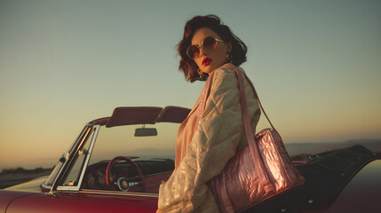 Naklejka premium Retro Elegance: A woman in a stylish outfit poses with a classic car, radiating sophistication and timeless appeal during golden hour.