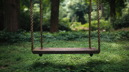 Children's swing set on vibrant green grass in a park, focus on seats and ropes 