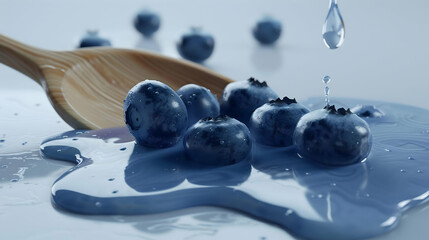 A serene  depiction of blueberries arranged on a frosted glass slab, isolated on a pristine white canvas. Juice flows gently from a simple spoon onto the berries, reflecting light under soft daylight.