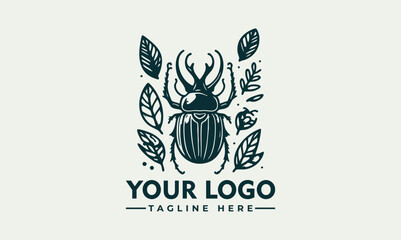 Detailed stag beetle illustration surrounded by decorative symmetrical leaves in vintage style. Nature concept
