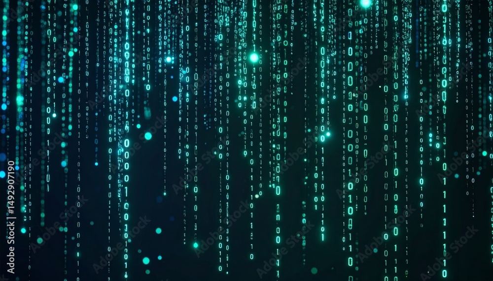 Poster abstract animation of binary code cascading down like digital rain